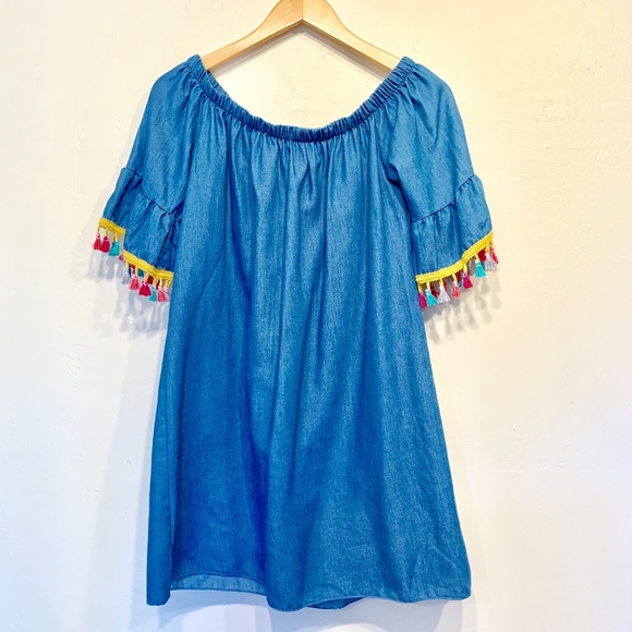See you Monday | Chambray Denim Off Shoulder Tunic Dress with Rainbow Tassels - Picture 4 of 7